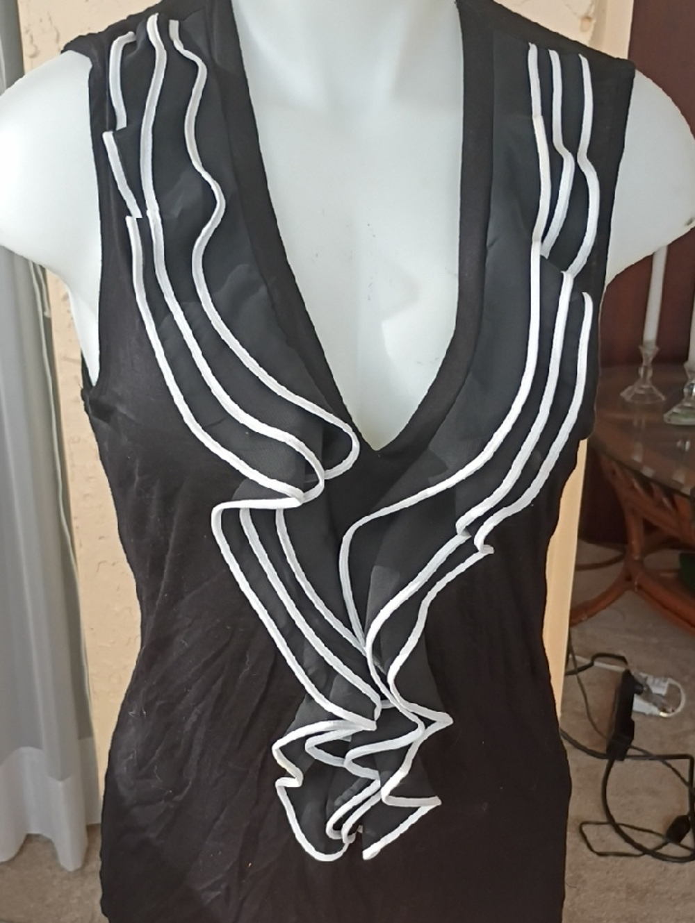 H&M Black Sleeveless V-Neck Camisole with White Ruffle Trim